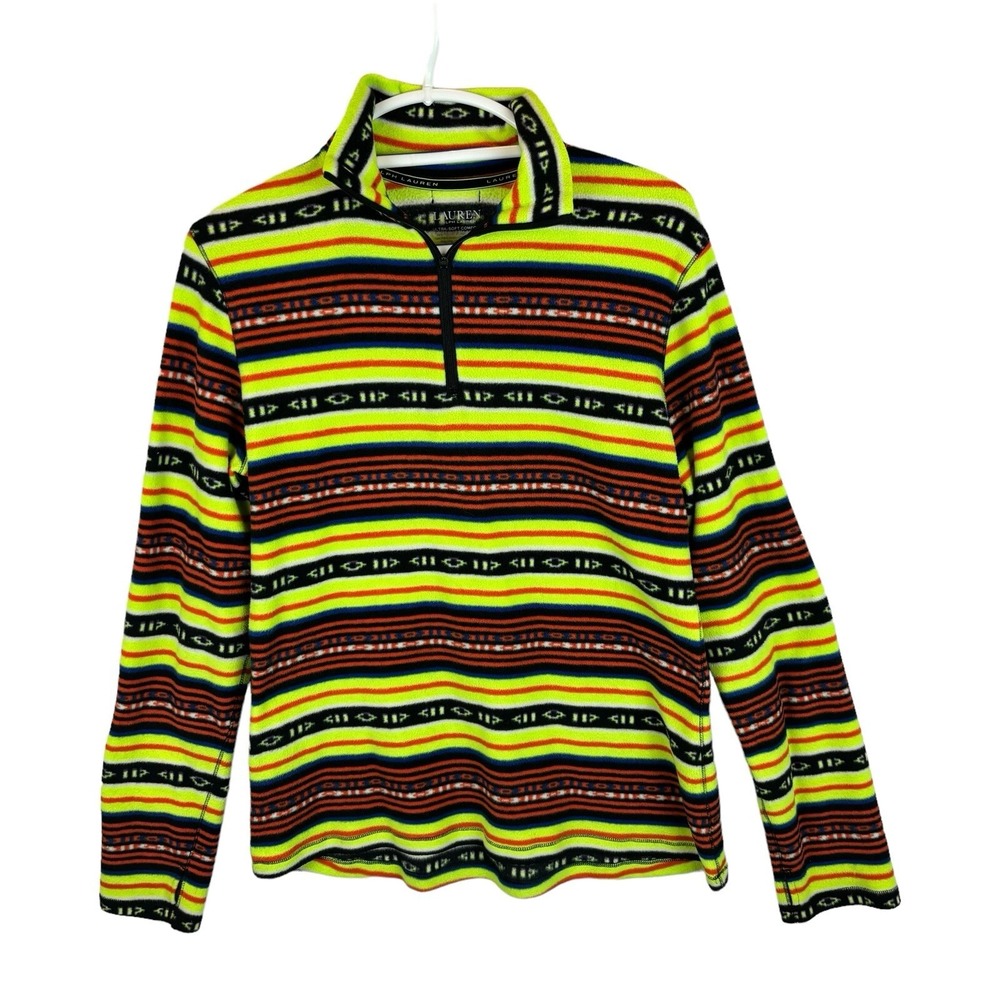 Lauren Ralph Lauren Womens 1/4 Zip Sweater Large Neon Southwestern Aztec Fleece